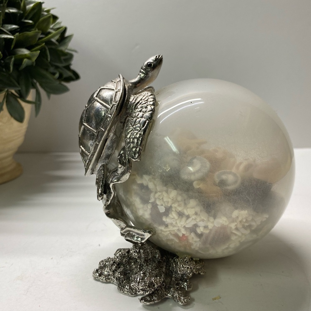 Sea Turtle Pulling Glass Globe Ball With Sand Seashells And Beach Ornaments